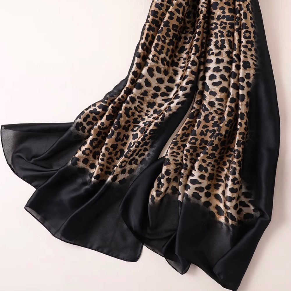 100% SILK SATIN Large Shawl Leopard Print Scarf Animal Print Wrap Coverup Gift - Picture 9 of 11